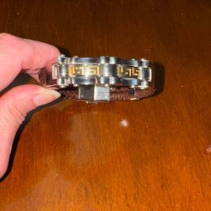 Silver and Brown Bracelet with Greek Key Design